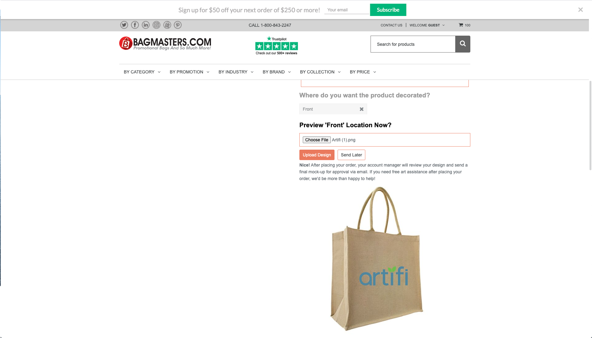 Screenshot of a product page on Bagmasters.com displaying a personalized bag with the Artifi logo applied.