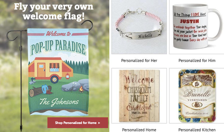 Screen shot of Current Catalog's web store displaying a personalized flag, bracelet, and mug.