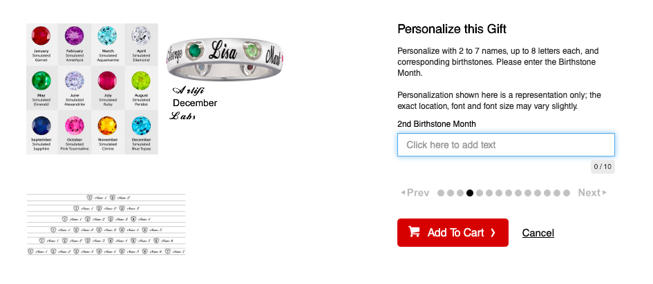 Screenshot of Mason Companies' web store displaying a personalized ring with a selection of different color gemstones.