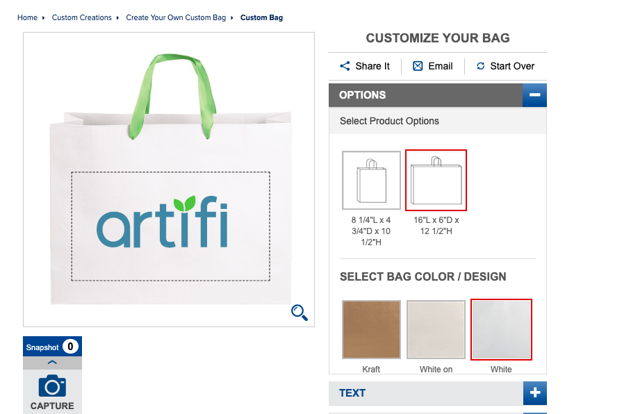 Screenshot of a product page on Store Supply Warehouse's web store, displaying a personalized tote bag with the Artifi logo applied.