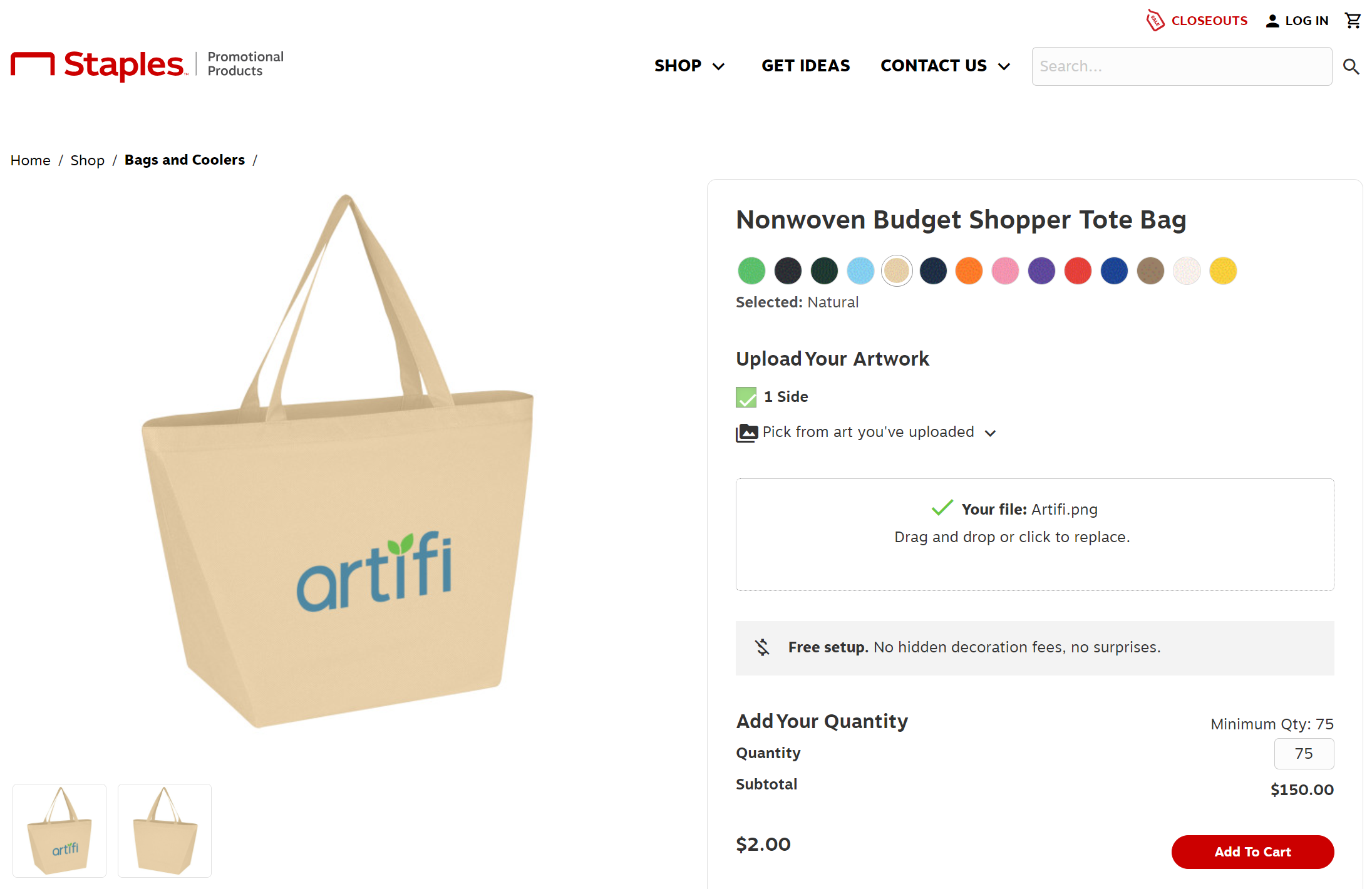 Screenshot of a personalizable tote bag product page with the Artifi logo pre-applied.