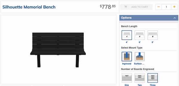 Barco real time pricing animation showing bench option selection and price change.