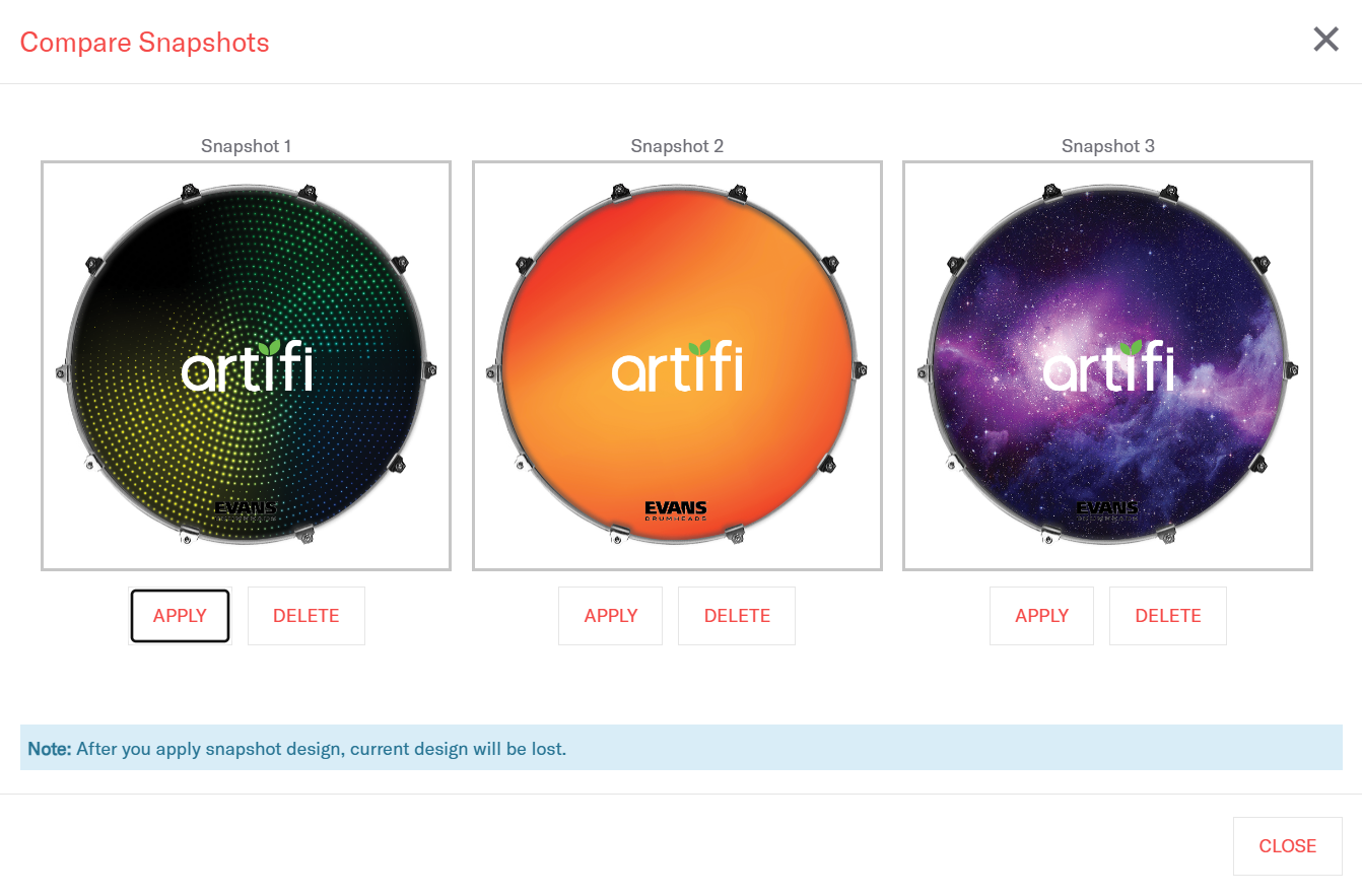 Screenshot of D'Addario's webstore, comparing personalized drum heads.