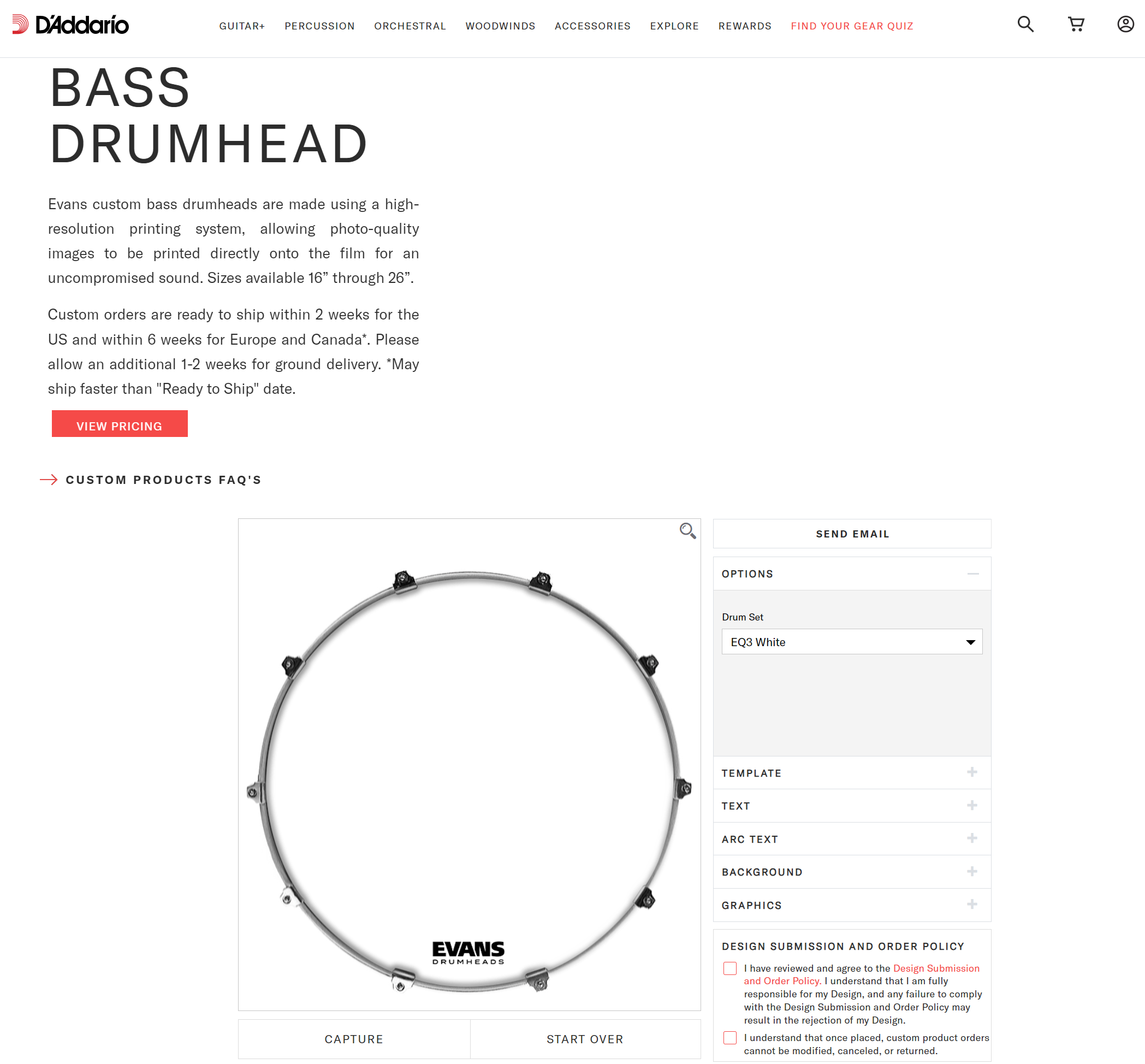 Screenshot of a blank drum head on D'Addario's web store.