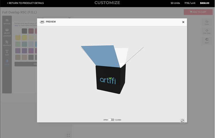 350 degree 3D model view of custom packaging box.