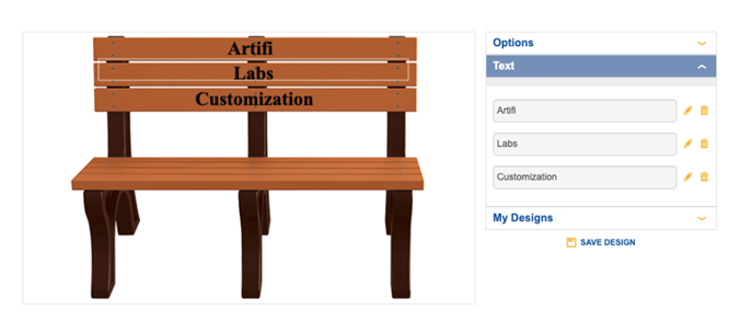 Screenshot of a web store with a customized wooden bench.