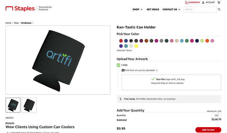 Screenshot of a web store with a customizable koozy using Artifi.