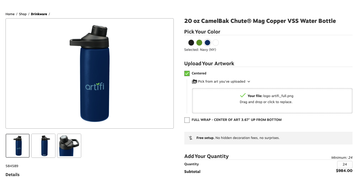 Screenshot of a web store with a customizable bottle using Artifi.